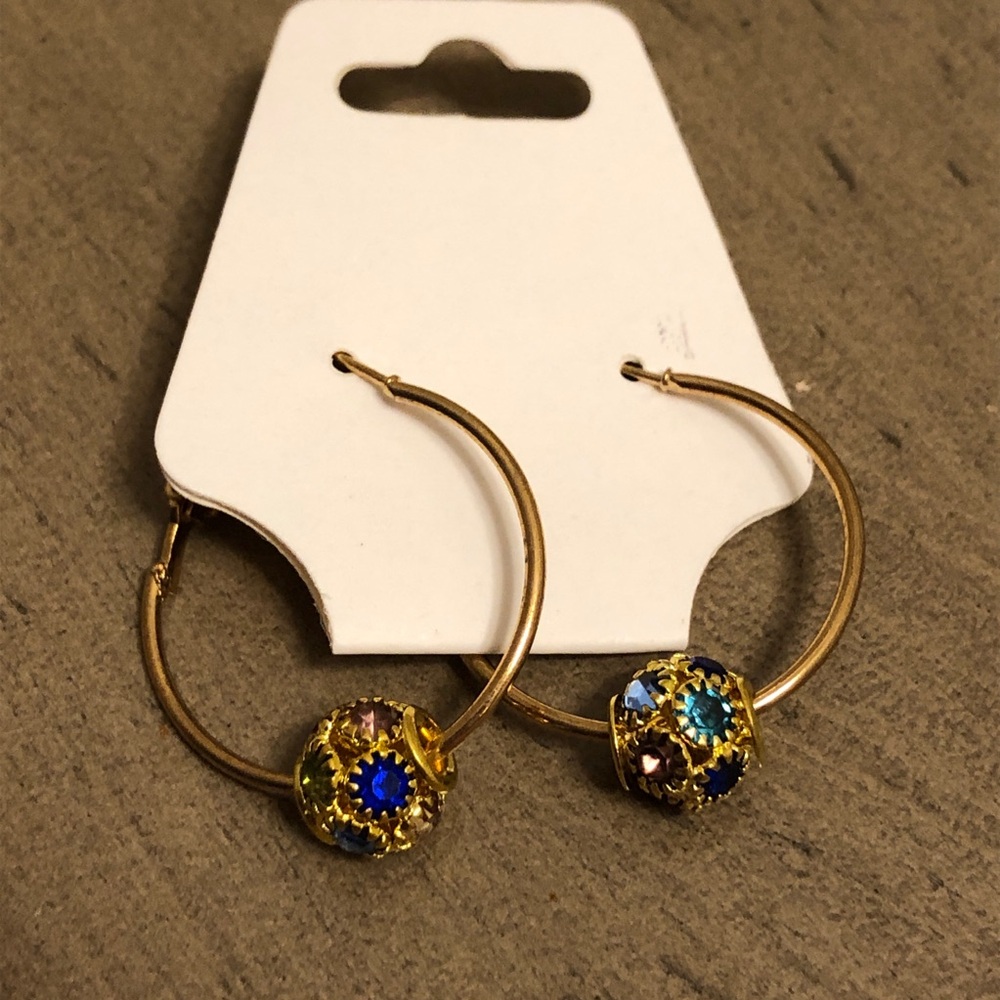 Gold Tone Hoop Earrings with Colorful Rhinestone Accents